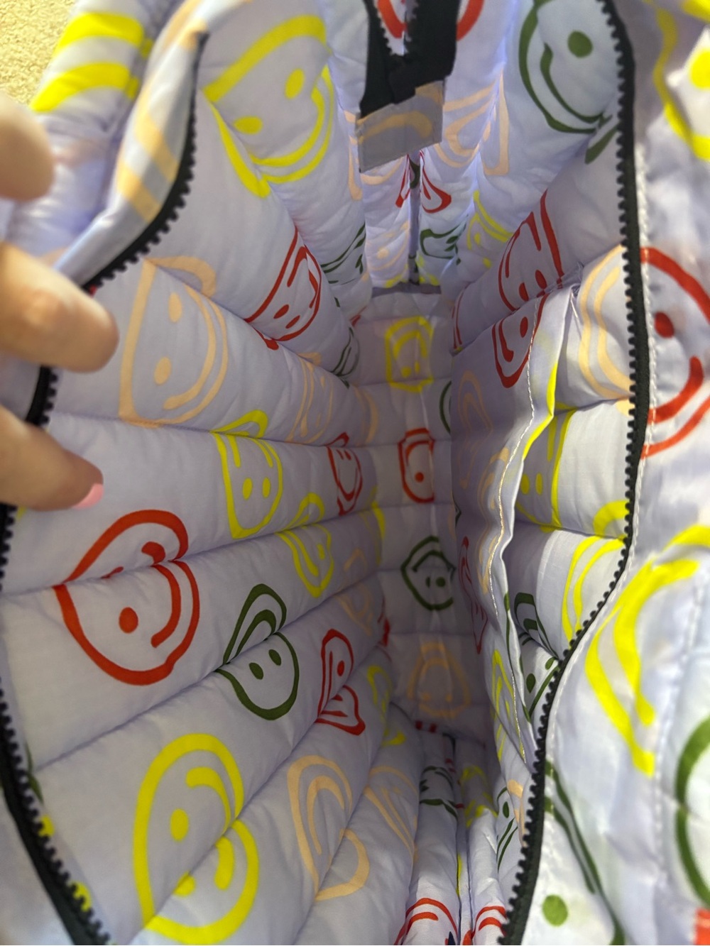 BAGGU Quilted Smiley Tote in White with Multicolor Faces - Picture 2 of 2